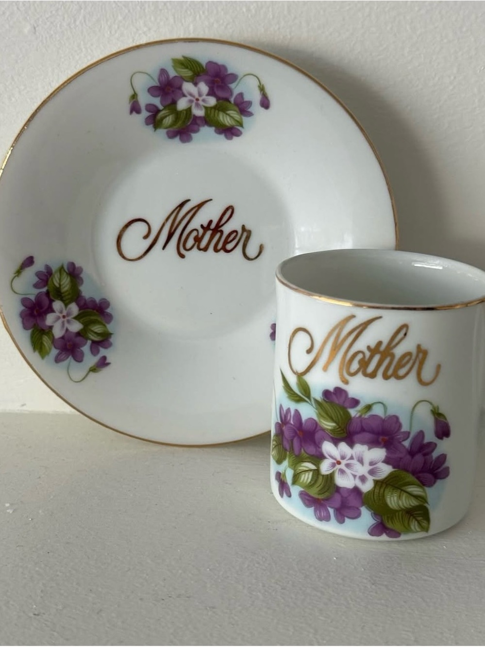 Vintage Mother Demitasse Cup and Saucer Set with Purple Floral and Gold Accents